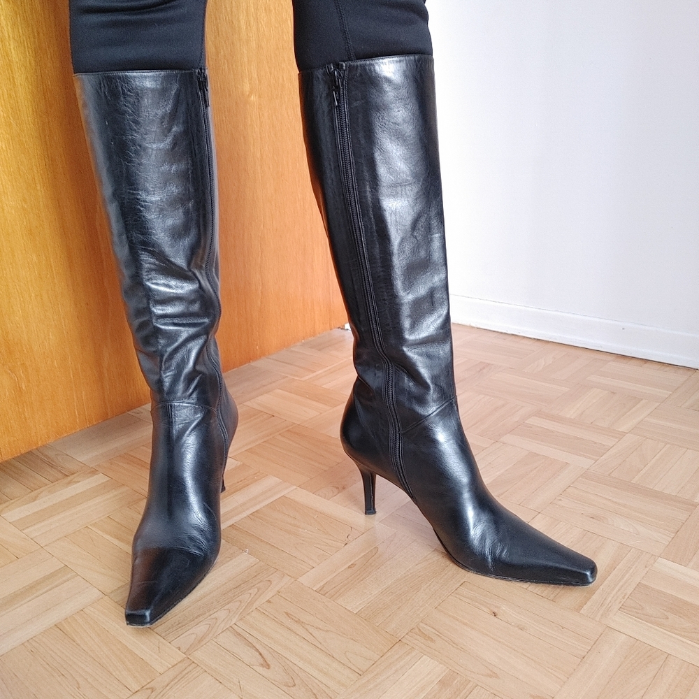 💯% genuine leather Black Knee high heeled boots